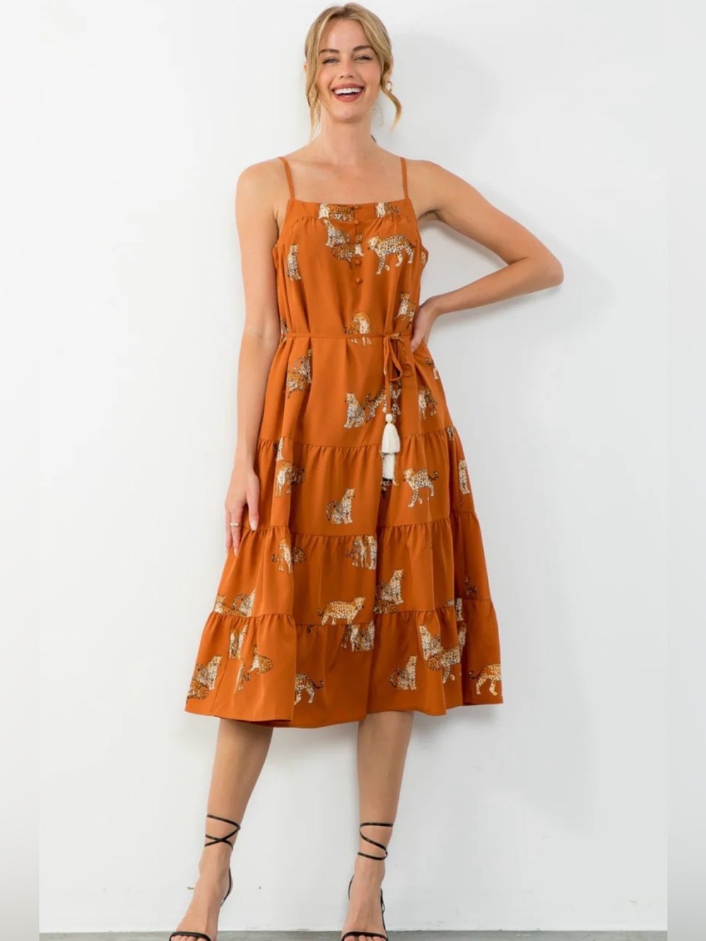 THML Selina Tiered Cheetah Print Boho Midi Dress